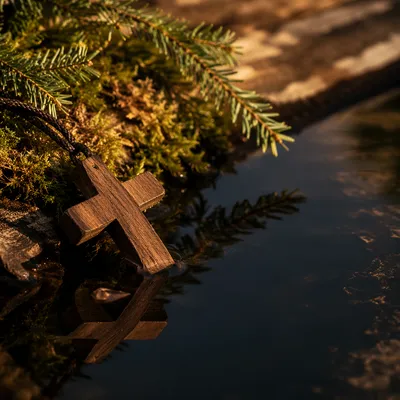 Wooden Cross Reflected in Still Water