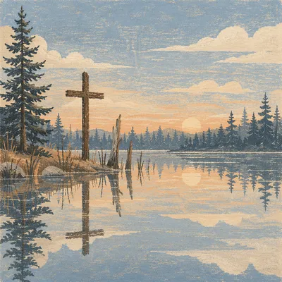 Weathered Cross Reflected in Evergreen Lake