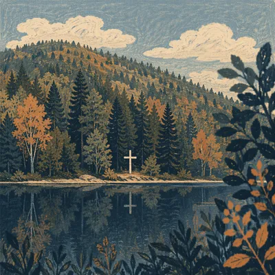 White Cross Reflected in Evergreen Lake
