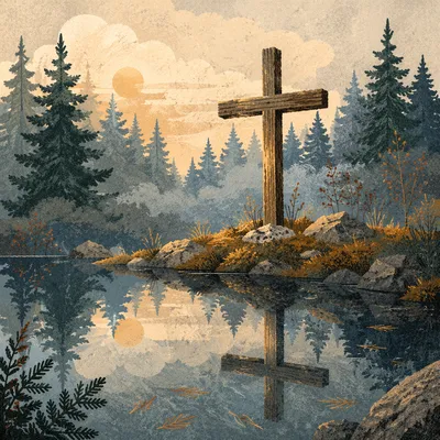 Weathered Cross Reflected in Evergreen Pond