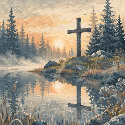 Wooden Cross Reflected in Evergreen Pond