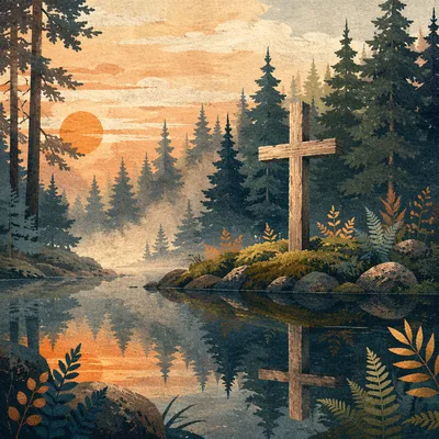 Wooden Cross Reflected in Evergreen Pond