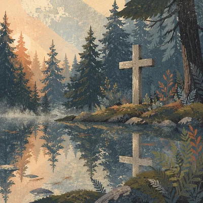 Weathered Cross Reflected in Evergreen Pond