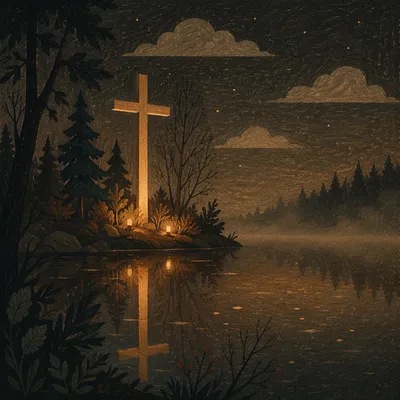 Wooden Cross Reflected in Still Night Water
