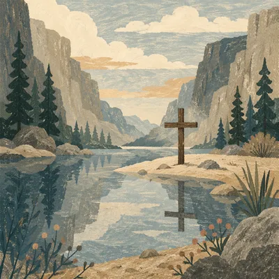 Wooden Cross Reflected in Quiet Canyon Water