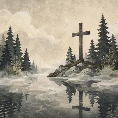 Evergreen Lakeside Cross Reflected at Dawn