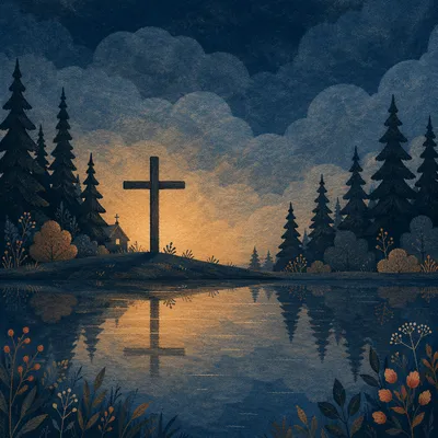 Wooden Cross Reflected in Twilight Lake
