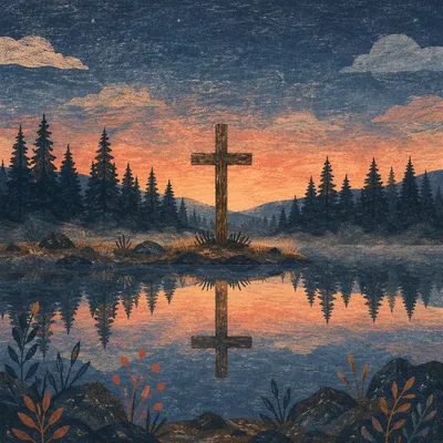 Wooden Cross Reflected on Quiet Evergreen Lake