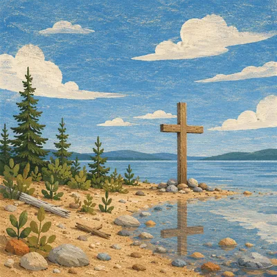 Wooden Cross Reflected in Calm Lakeshore Water
