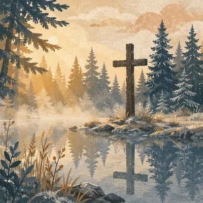Wooden Cross Reflected in Winter Pond