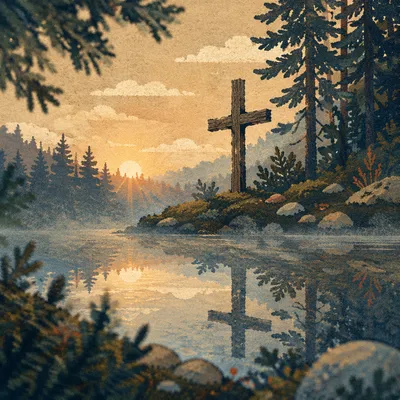 Weathered Cross Reflected in Evergreen Pond