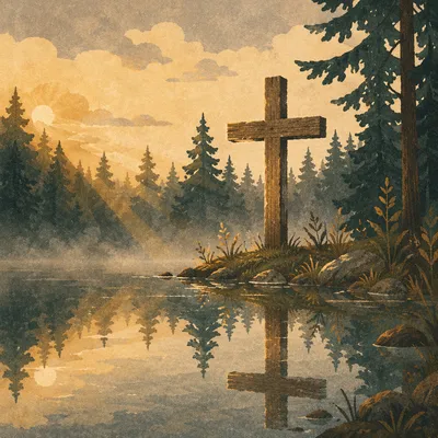 Weathered Cross Reflected in Forest Pond