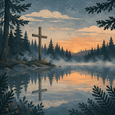 Wooden Cross Reflected in Evergreen Pond