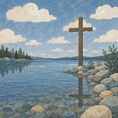 Wooden Cross Reflected in Still Lake