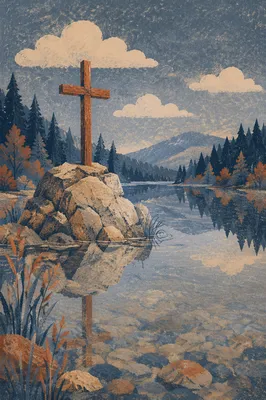 Weathered Cross Reflected in Mountain Lake
