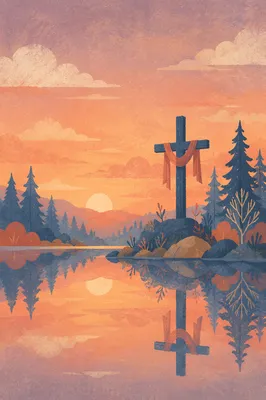 Silhouetted Cross Reflected in Evergreen Lake