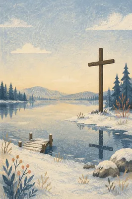 Winter Cross Reflected on Still Lake
