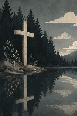 Wooden Cross Reflected in Evergreen Pond