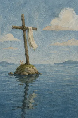 Weathered Cross Reflected in Still Water