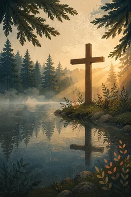 Wooden Cross Reflected in Evergreen Pond