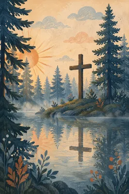 Wooden Cross Reflected in Evergreen Pond