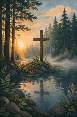 Wooden Cross Reflected in Evergreen Pond