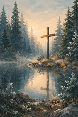 Evergreen Cross Reflected in Still Pond