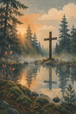 Wooden Cross Reflected in Evergreen Pond