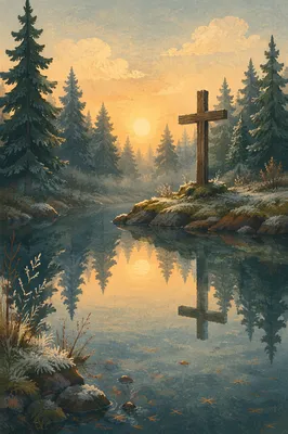 Weathered Cross Reflected in Evergreen Pond