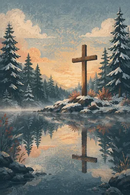 Wooden Cross Reflected in Winter Forest Pond
