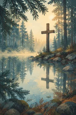 Wooden Cross Reflected in Evergreen Pond
