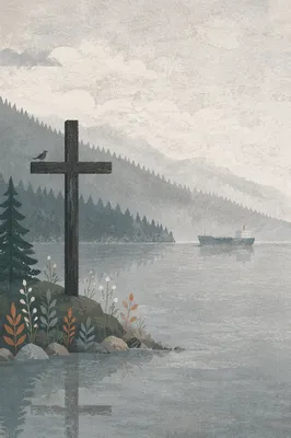 Wooden Cross Reflected in Misty Evergreen Lake