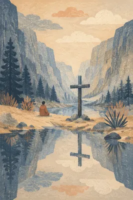 Wooden Cross Reflected in Canyon River