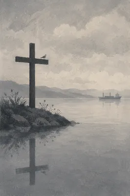 Weathered Cross Reflected in Still Coastal Water