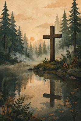Weathered Cross Reflected in Evergreen Pond