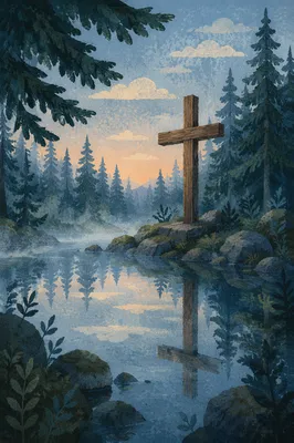 Evergreen Cross Reflected in Quiet Forest Pond