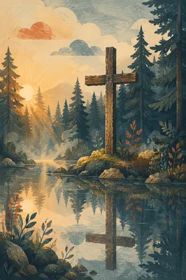 Wooden Cross Reflected in Evergreen Pond