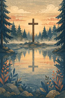 Wooden Cross Reflected in Evergreen Pond