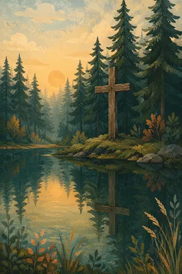 Wooden Cross Reflected in Evergreen Pond