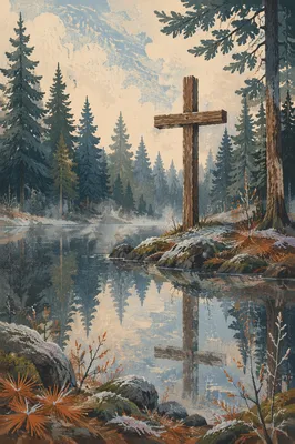 Wooden Cross Reflected in Evergreen Pond