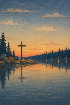 Wooden Cross Reflected on Still Lake