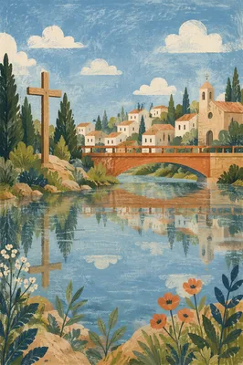 Wooden Cross Reflected by Evergreen River