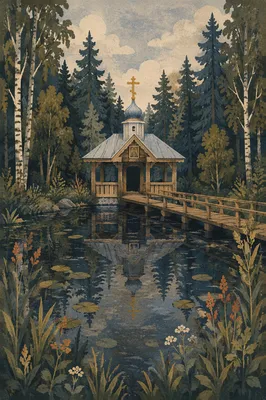Cross Reflected in Evergreen Forest Pond