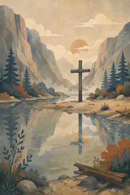 Weathered Cross Reflected in Mountain Still Water