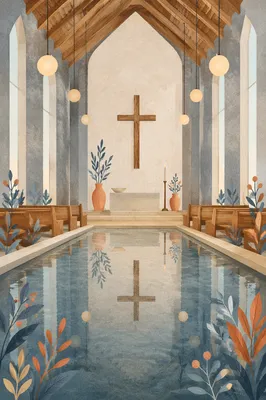 Wooden Cross Reflected in Chapel Water