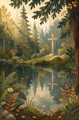 Wooden Cross Reflected in Evergreen Pond