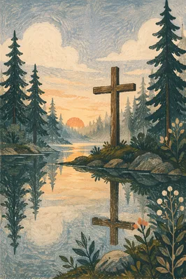 Wooden Cross Reflected in Forest Pond