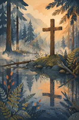 Wooden Cross Reflected in Evergreen Pond