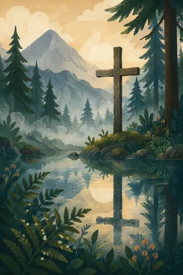 Wooden Cross Reflected in Evergreen Pond