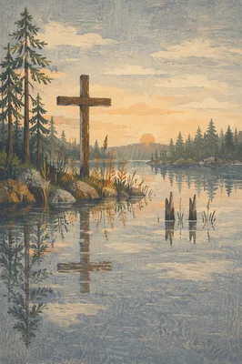 Wooden Cross Reflected on Evergreen Lake